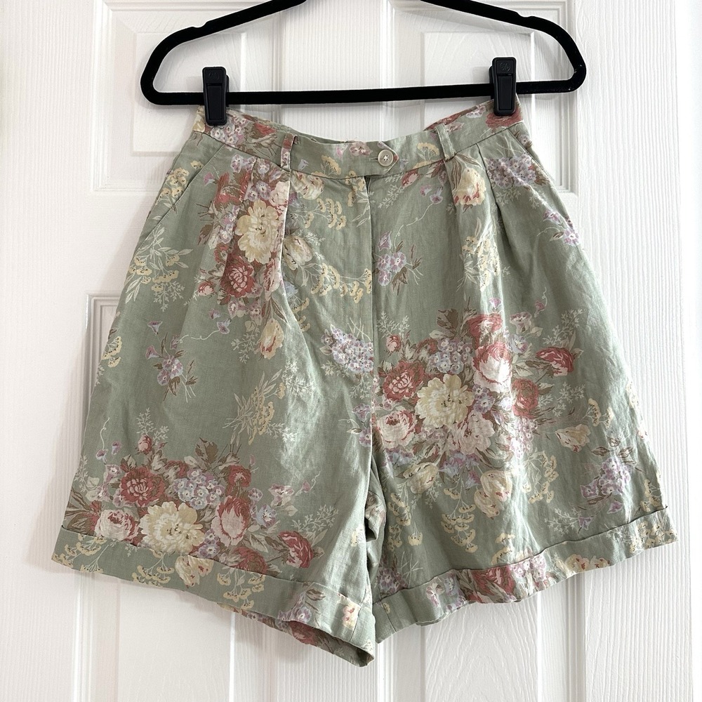 Vtg Lauren Ralph Lauren 100% Linen Shorts Floral Pleated High Rise Women's Sz 8P